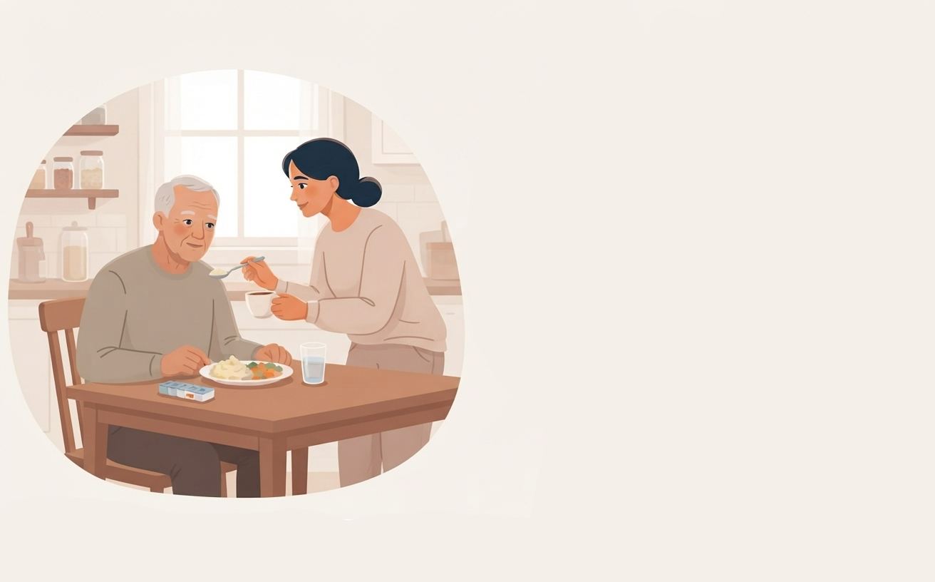 Caregiver che aiuta un anziano signore a mangiare in cucina